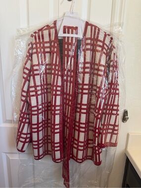 Zara Open-Front Red & Cream Plaid Kimono Jacket
